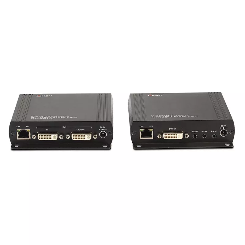 Lindy 140m Cat.6 DVI-D, USB, Audio and RS-232 KVM Extender, Transmitter & receiver, Wired, 140 m, Cat6, 60 Hz, Black