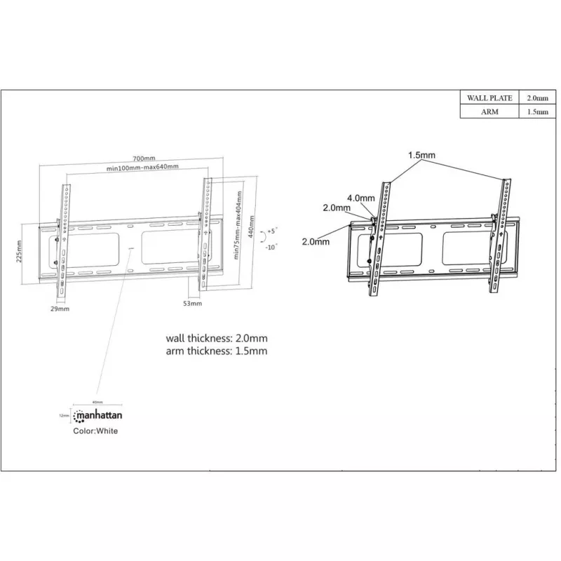 Manhattan Wall Mount for TV & Monitors (Tiltable), For screens 37 inch to 65 inch, VESA compatibility: all between 200x200mm to 600x400mm - check the dimensions of the four mounting holes on back of screen to ensure it fits, Max 80kg, Black, Bracket