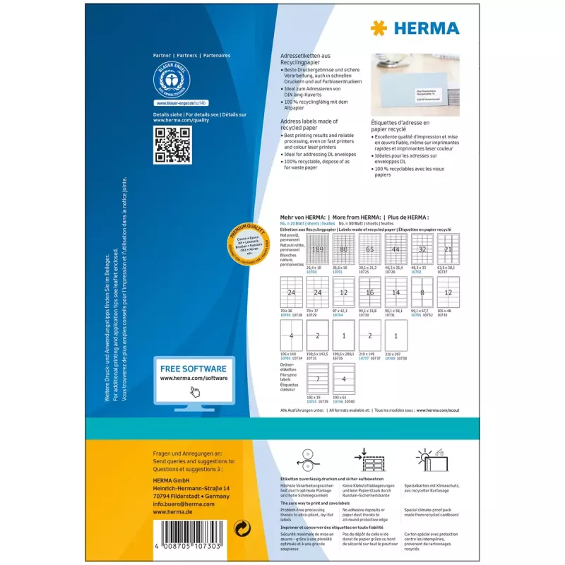 Self-adhesive printer label HERMA 10730 White 9.91x3.38 cm 1280 labels