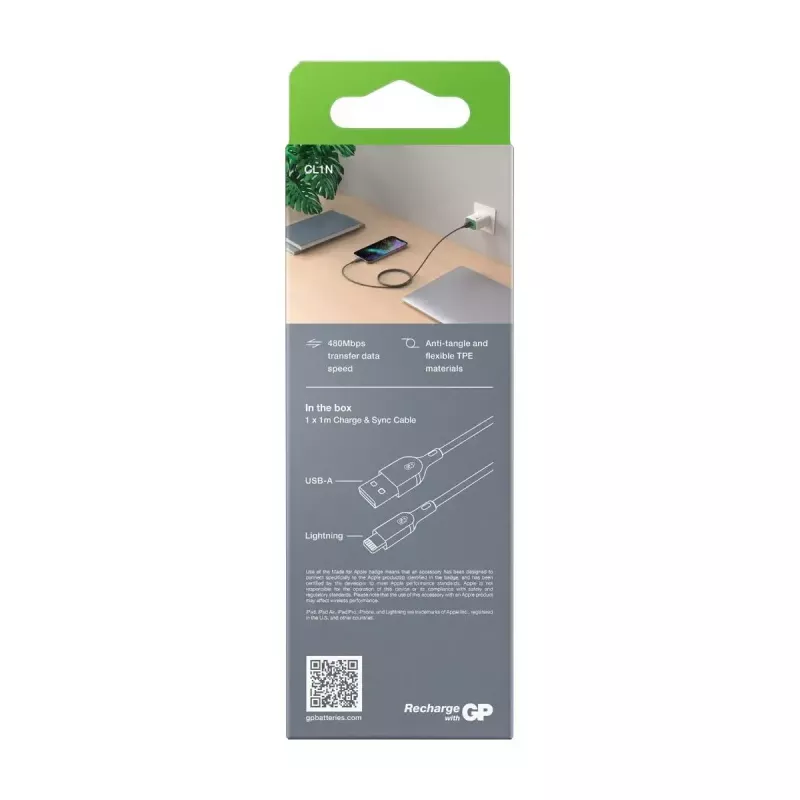 Cable GP Batteries CL1N 1m Lightning to USB A 12W 2.4A