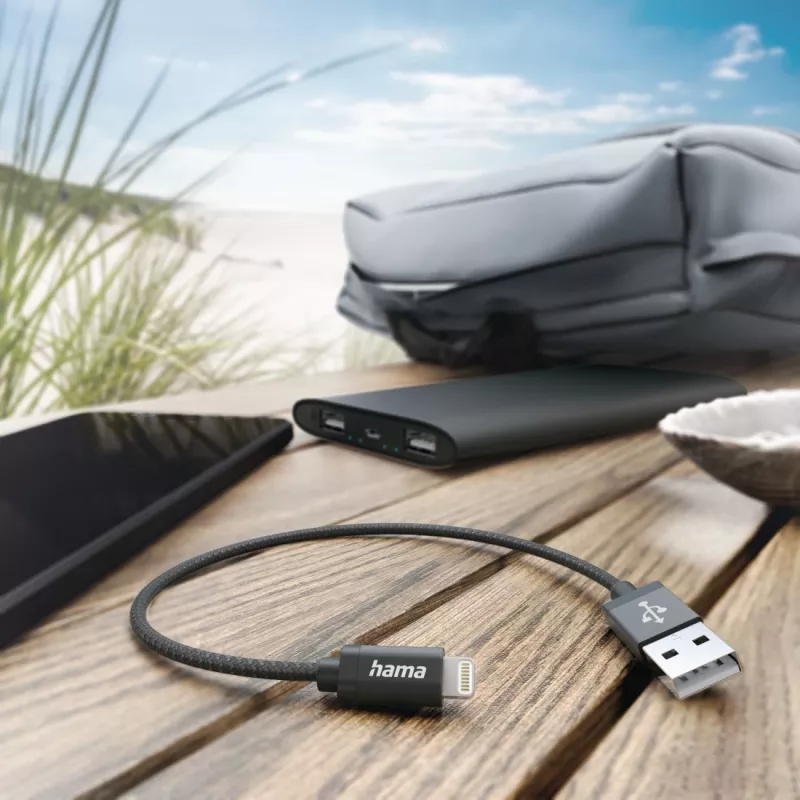 Hama Charging Cable, USB-A - Lightning, 0.2 m, Nylon, black, 0.2 m, Lightning, USB A, Male, Male, Black
