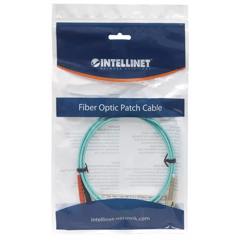 Intellinet Fiber Optic Patch Cable, OM3, ST/LC, 2m, Aqua, Duplex, Multimode, 50/125 µm, LSZH, Fibre, Lifetime Warranty