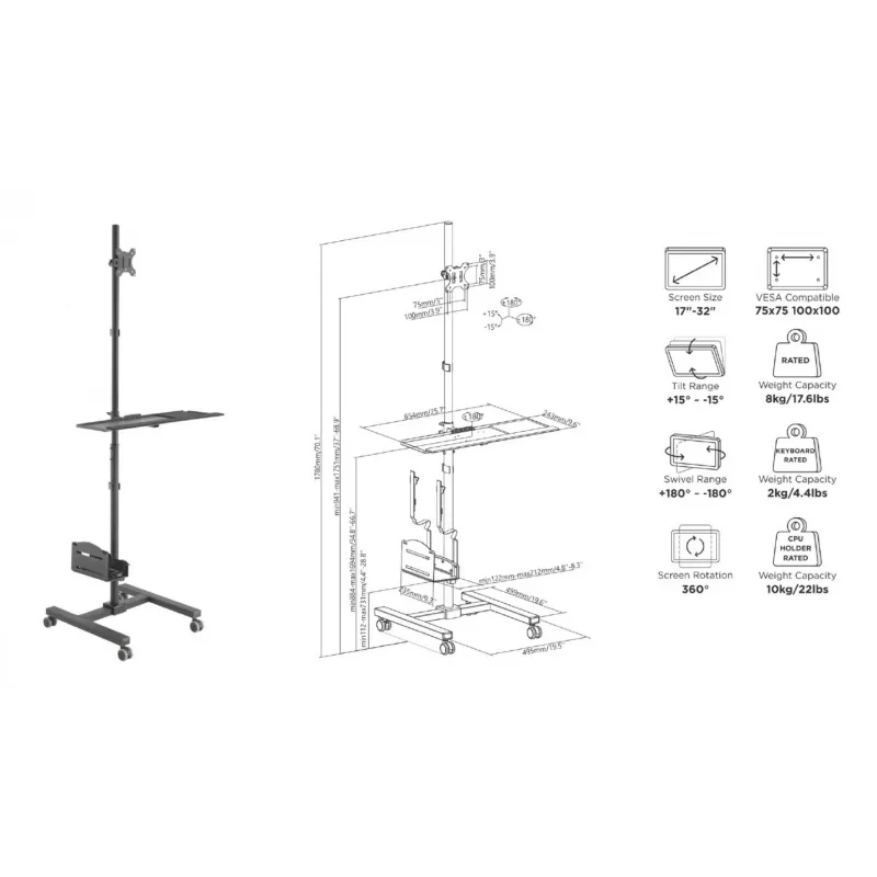 Multimedia cart Equip 17 inch-32 inch Single Monitor Mobile Workstation