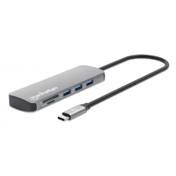 Manhattan USB-C Dock/Hub with Card Reader, Ports (x7): Ethernet, HDMI, USB-A (x3) and USB-C (x2), with Power Delivery (PD) 100W- requires external USB-C charger (not included). USB powered (no external power supply required) when PD is not in use