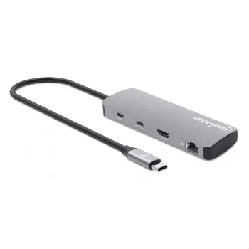 Manhattan USB-C Dock/Hub with Card Reader, Ports (x7): Ethernet, HDMI, USB-A (x3) and USB-C (x2), with Power Delivery (PD) 100W- requires external USB-C charger (not included). USB powered (no external power supply required) when PD is not in use