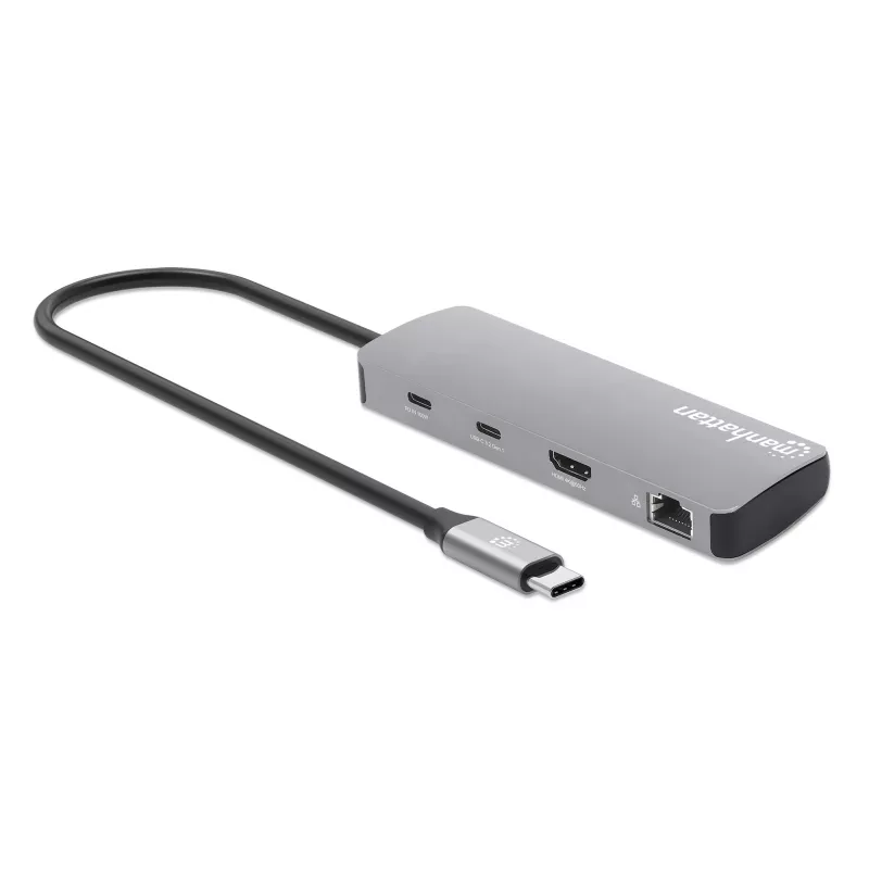 Manhattan USB-C Dock/Hub with Card Reader, Ports (x7): Ethernet, HDMI, USB-A (x3) and USB-C (x2), with Power Delivery (PD) 100W- requires external USB-C charger (not included). USB powered (no external power supply required) when PD is not in use