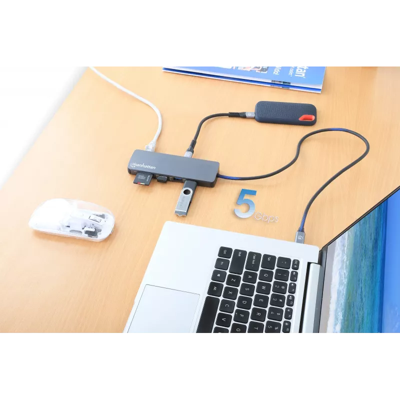 Manhattan USB-C Dock/Hub with Card Reader, Ports (x7): Ethernet, HDMI, USB-A (x3) and USB-C (x2), with Power Delivery (PD) 100W- requires external USB-C charger (not included). USB powered (no external power supply required) when PD is not in use