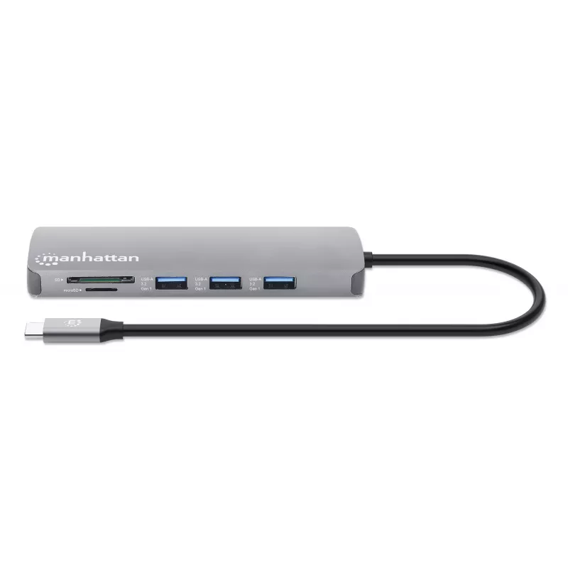Manhattan USB-C Dock/Hub with Card Reader, Ports (x7): Ethernet, HDMI, USB-A (x3) and USB-C (x2), with Power Delivery (PD) 100W- requires external USB-C charger (not included). USB powered (no external power supply required) when PD is not in use