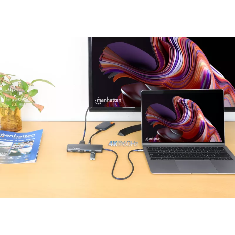 Manhattan USB-C Dock/Hub with Card Reader, Ports (x7): Ethernet, HDMI, USB-A (x3) and USB-C (x2), with Power Delivery (PD) 100W- requires external USB-C charger (not included). USB powered (no external power supply required) when PD is not in use
