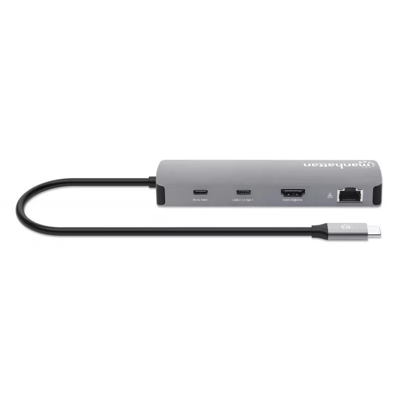 Manhattan USB-C Dock/Hub with Card Reader, Ports (x7): Ethernet, HDMI, USB-A (x3) and USB-C (x2), with Power Delivery (PD) 100W- requires external USB-C charger (not included). USB powered (no external power supply required) when PD is not in use