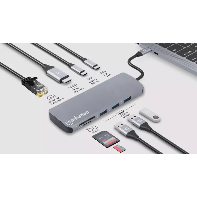 Manhattan USB-C Dock/Hub with Card Reader, Ports (x7): Ethernet, HDMI, USB-A (x3) and USB-C (x2), with Power Delivery (PD) 100W- requires external USB-C charger (not included). USB powered (no external power supply required) when PD is not in use