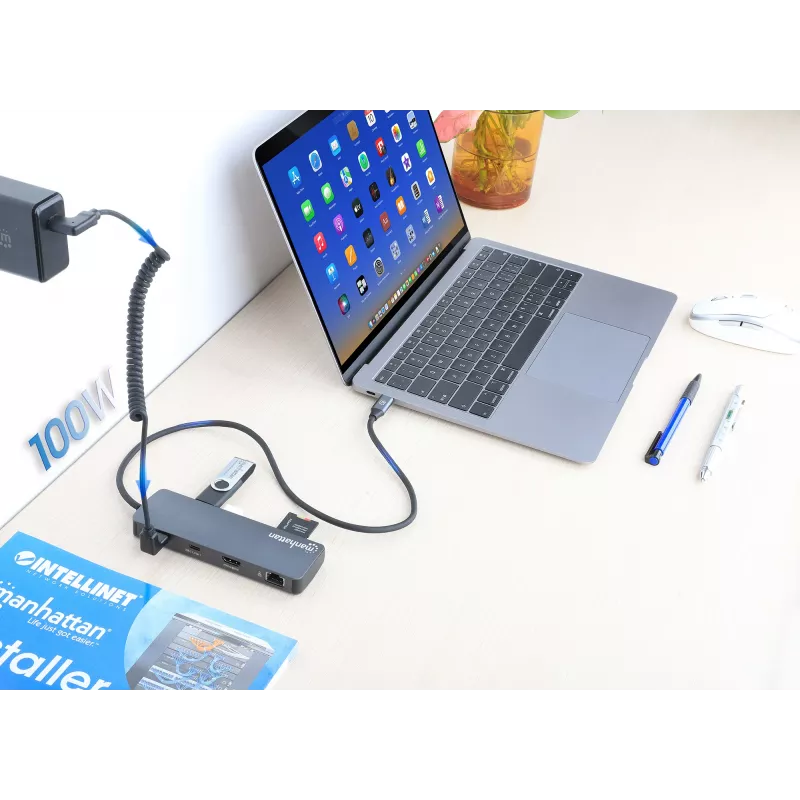 Manhattan USB-C Dock/Hub with Card Reader, Ports (x7): Ethernet, HDMI, USB-A (x3) and USB-C (x2), with Power Delivery (PD) 100W- requires external USB-C charger (not included). USB powered (no external power supply required) when PD is not in use