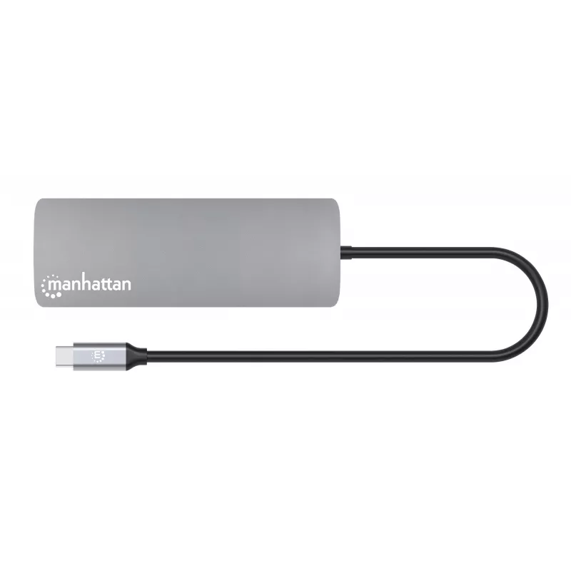 Manhattan USB-C Dock/Hub with Card Reader, Ports (x7): Ethernet, HDMI, USB-A (x3) and USB-C (x2), with Power Delivery (PD) 100W- requires external USB-C charger (not included). USB powered (no external power supply required) when PD is not in use