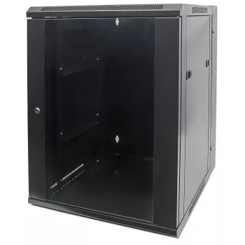 Intellinet 19 inch Network Cabinet - Wall Mount (Double Section Hinged Swing Out), 15U, 550mm Deep, Black, Assembled, Max 30kg, Swings out for access to back of cabinet when installed on wall, 19 inch,Usable Depth 425mm, Parts for wall installation not included