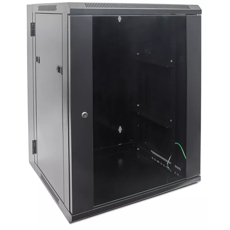 Intellinet 19 inch Network Cabinet - Wall Mount (Double Section Hinged Swing Out), 15U, 550mm Deep, Black, Assembled, Max 30kg, Swings out for access to back of cabinet when installed on wall, 19 inch,Usable Depth 425mm, Parts for wall installation not included