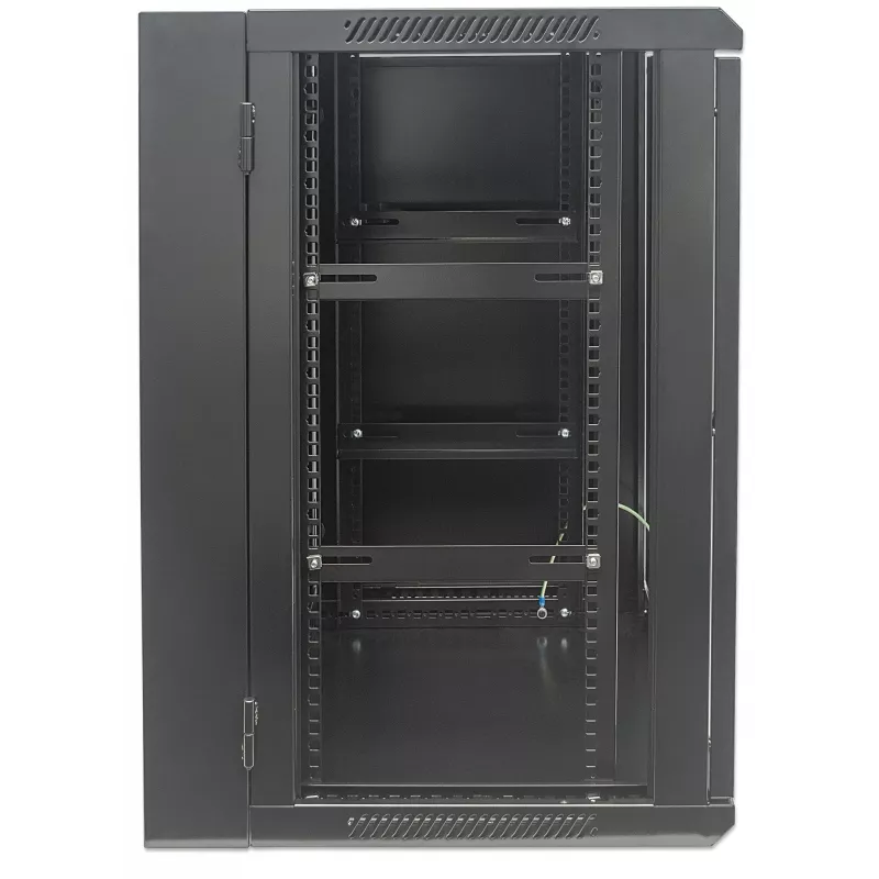 Intellinet 19 inch Network Cabinet - Wall Mount (Double Section Hinged Swing Out), 15U, 550mm Deep, Black, Assembled, Max 30kg, Swings out for access to back of cabinet when installed on wall, 19 inch,Usable Depth 425mm, Parts for wall installation not included