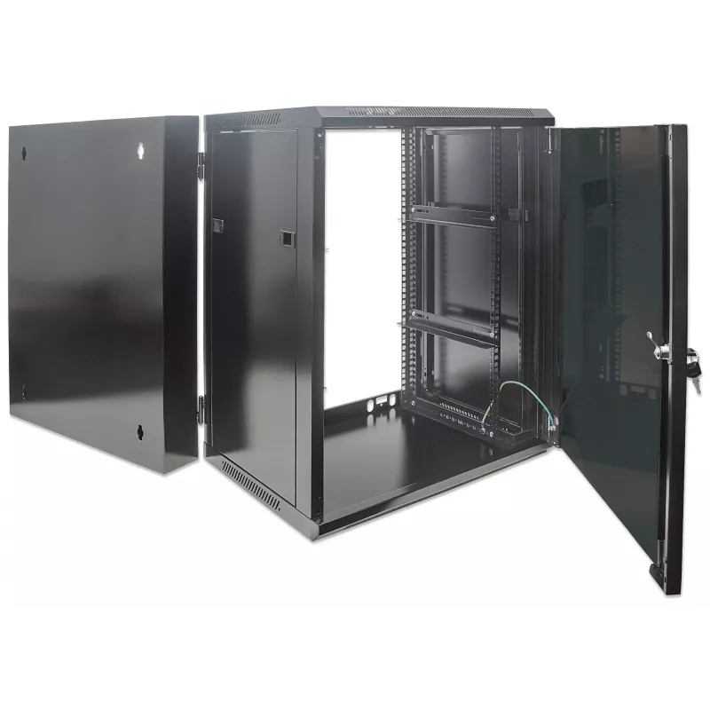 Intellinet 19 inch Network Cabinet - Wall Mount (Double Section Hinged Swing Out), 15U, 550mm Deep, Black, Assembled, Max 30kg, Swings out for access to back of cabinet when installed on wall, 19 inch,Usable Depth 425mm, Parts for wall installation not included