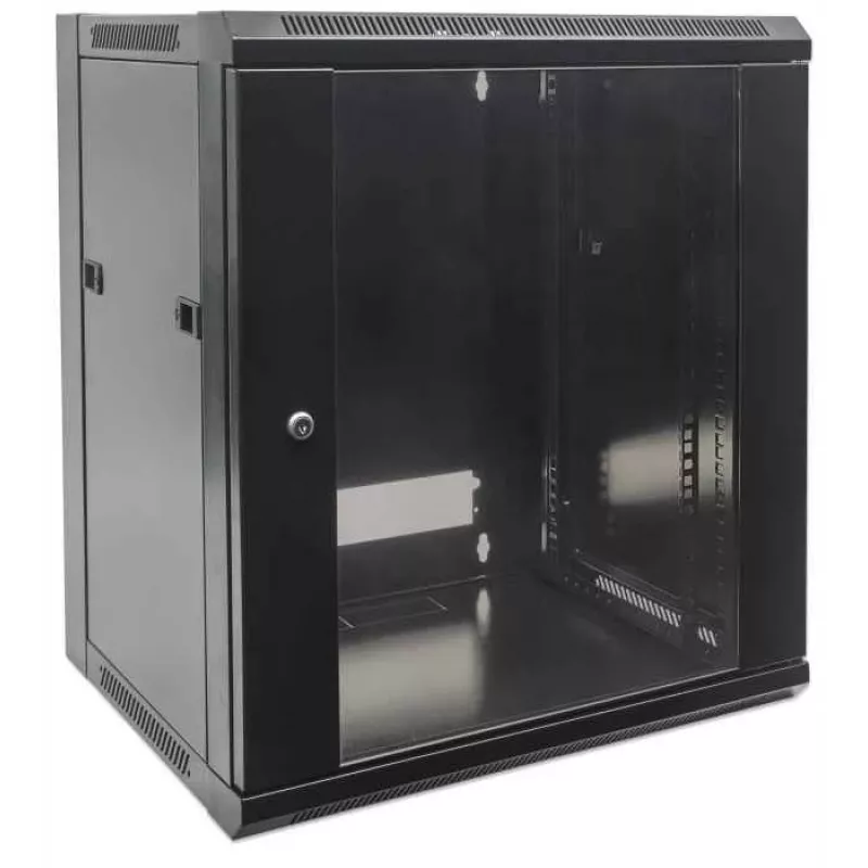 Intellinet 19 inch Network Cabinet - Wall Mount (Standard), 15U, 600mm Deep, Black, Flatpack, Max 60kg, Metal & Glass Door, Back Panel, Removeable Sides, Suitable also for use on desk or floor, Usable Depth 410mm, Parts for wall installation not included