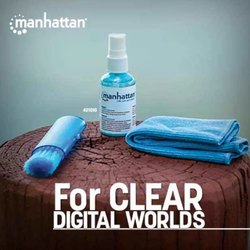 Manhattan LCD Cleaning Kit (mini), Alcohol-free, Includes Cleaning Solution (60ml), Brush and Microfibre Cloth, Ideal for use on monitors/laptops/keyboards/etc, Three Year Warranty