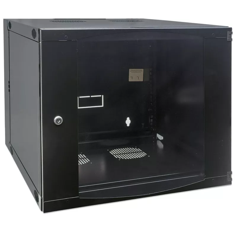 Intellinet 19 inch Network Cabinet - Wall Mount (Double Section Hinged Swing Out), 12U, 450mm Deep, Black, Flatpack, Max 30kg, Swings out for access to back of cabinet when installed on wall, Usable Depth 235mm, Rack, Parts for wall installation not included