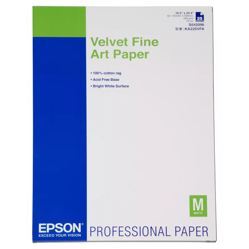 Epson Velvet Fine Art Paper, DIN A2, 260g/m², 25 Sheets, 42 cm, Matt, 480 µm, 260 g/m²
