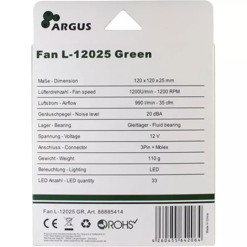Fan Inter-Tech L-12025 Computer case Fan 12 cm Black Green