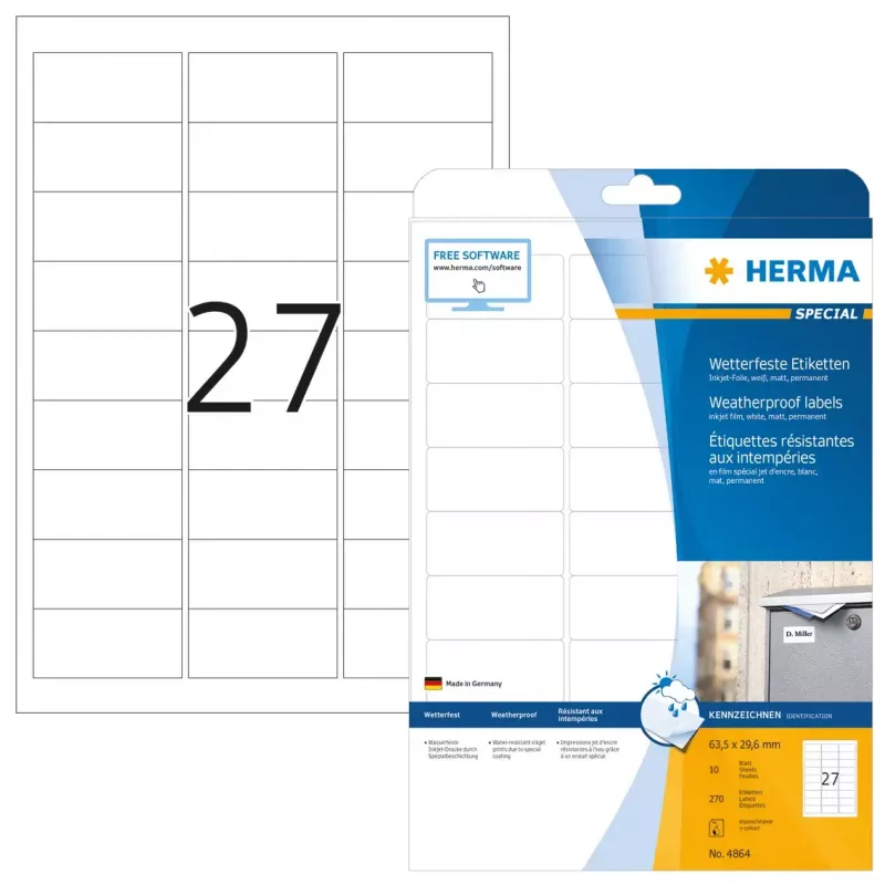 Inkjet labels HERMA A4 63.5x29.6 mm white film matt weatherproof 270 pcs