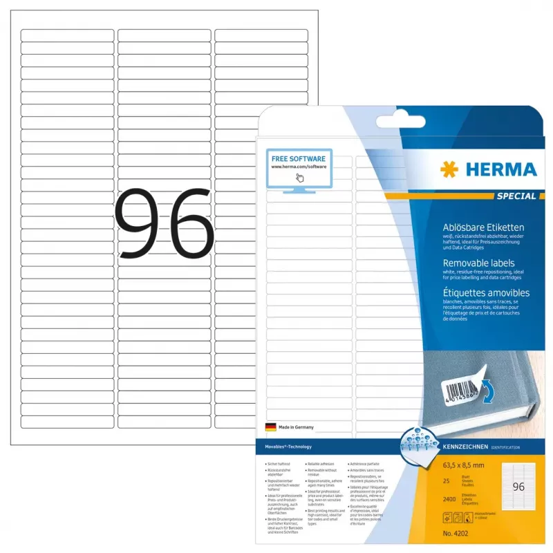 Removable labels HERMA 63.5x8.5 mm 2400 pcs
