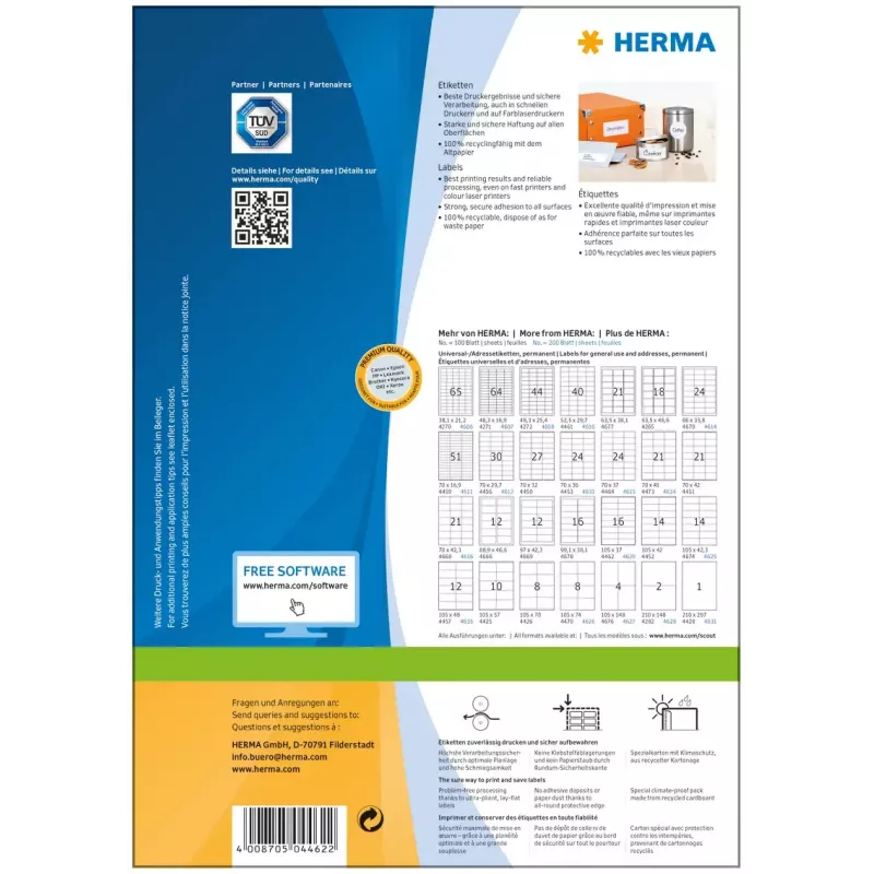 Self-adhesive printer label HERMA Labels Premium A4 105x37 mm