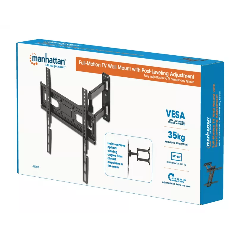 Manhattan Wall Mount for TV & Monitors (Full Motion), For screens 32 inch to 55 inch, VESA compatibility: all between 100x100mm to 400x400mm - check the dimensions of the four mounting holes on back of screen to ensure it fits, Max 35kg, Black, Bracket