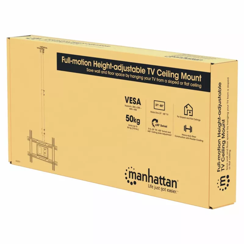 Manhattan Ceiling Mount for TV & Monitors, For screens: 37 inch to 65 inch, Adjustable height: 70-157 cm, VESA compatibility: all between 200x200 to 600x400mm - check the dimensions of the four mounting holes on back of screen to ensure it fits, Max 50kg, LFD, Bracket