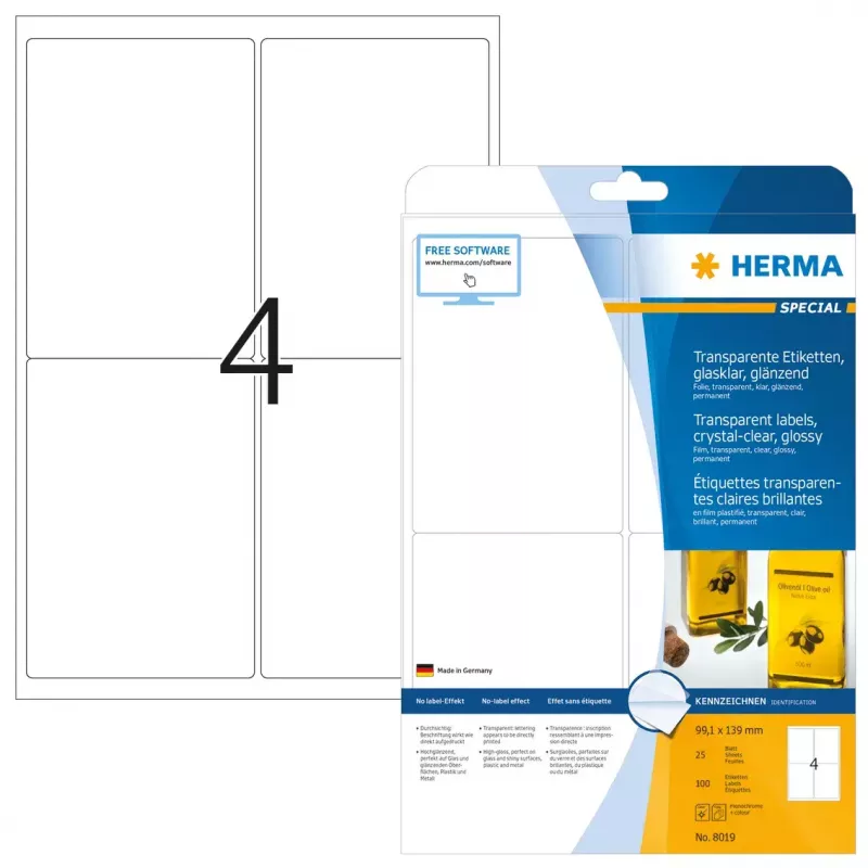Self-adhesive printer label HERMA Labels transparent crystal-clear A4 99.1x139 mm