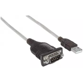 Manhattan USB-A to Serial Converter cable, 1.8m, Male to Male, Serial/RS232/COM/DB9, Prolific PL-2303RA Chip, Black/Silver cable, Three Years Warranty