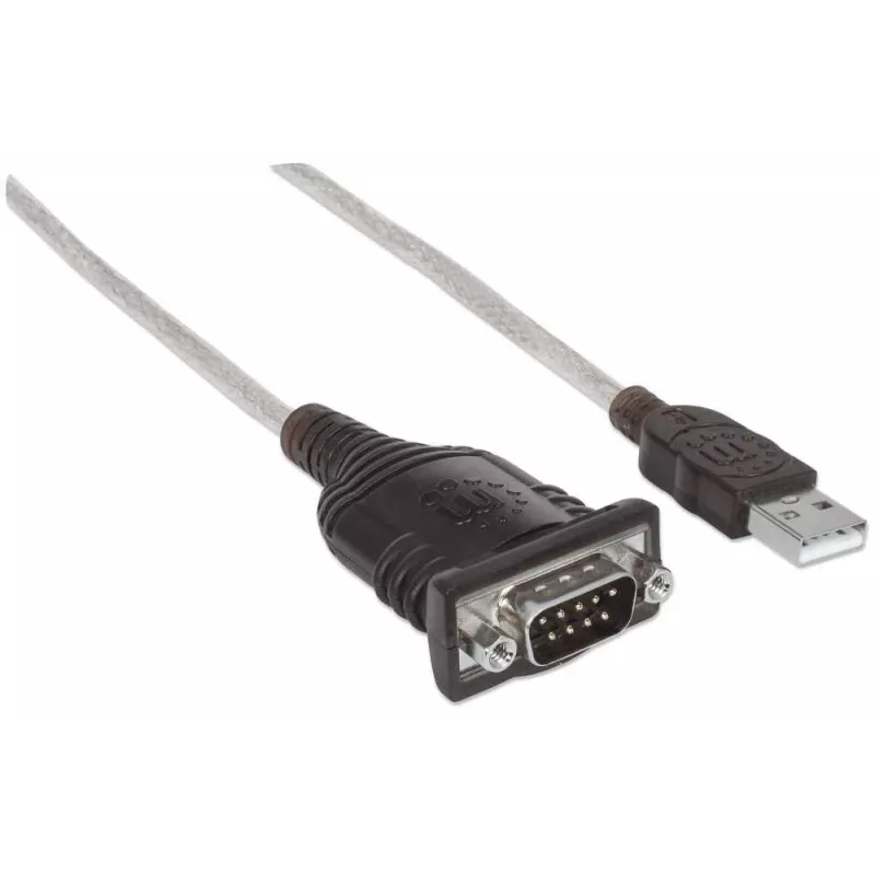 Manhattan USB-A to Serial Converter cable, 1.8m, Male to Male, Serial/RS232/COM/DB9, Prolific PL-2303RA Chip, Black/Silver cable, Three Years Warranty