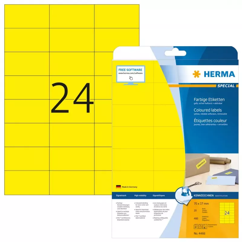 Self-adhesive printer label HERMA Coloured Labels A4 70x37 mm yellow