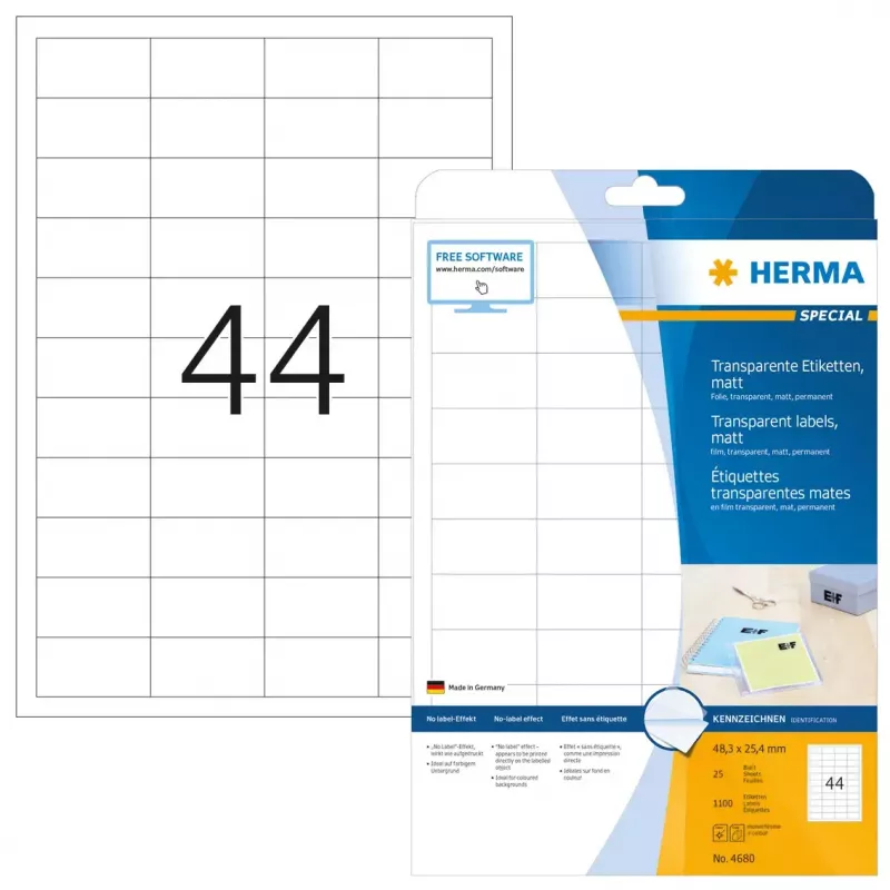Self-adhesive printer label HERMA Labels transparent matt A4 48.3x25.4 mm film 1100 pcs