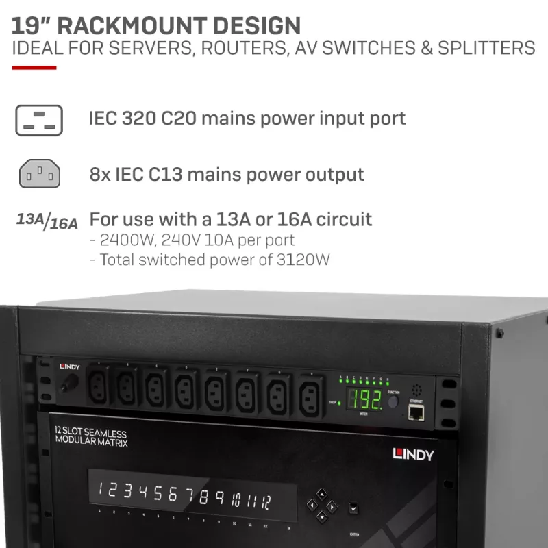 Lindy IPower Switch Classic 8, 220 V, 1.48 kg, 483 x 90 x 43 mm