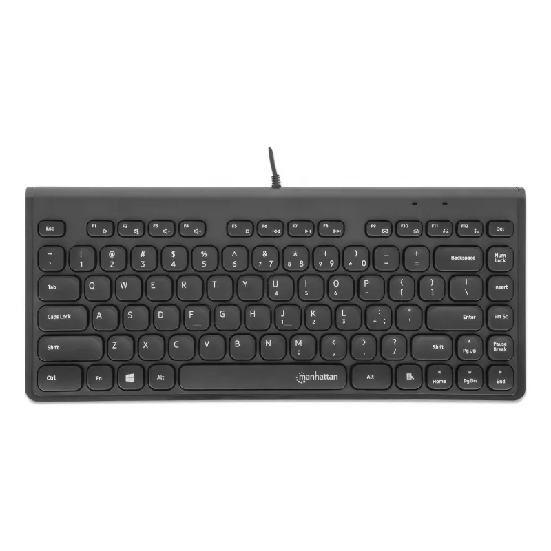 Manhattan Slim Wired USB Mini Keyboard, 12 Multimedia/Function Keys, Built-in 1.5 m (5 ft.) USB-A Cable, Compact, Low-Profile Format, for PC and Laptop, Black