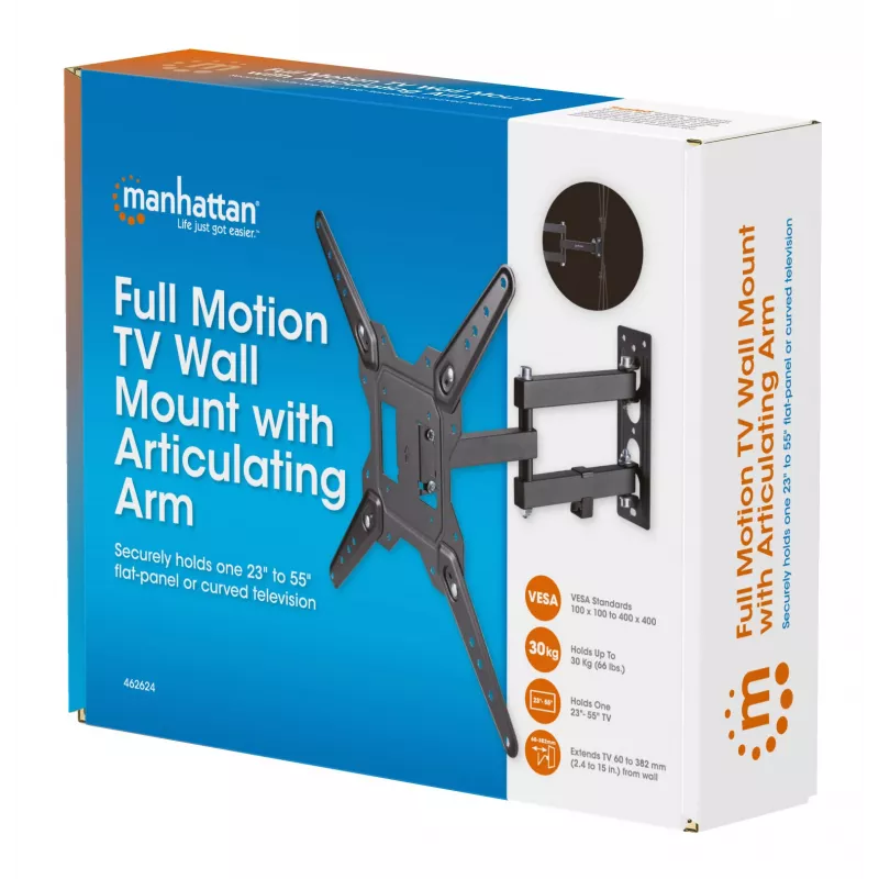 Manhattan Wall Mount for TV & Monitors (Full Motion), For screens 32 inch to 55 inch, VESA compatibility: all between 100x100mm to 400x400mm - check the dimensions of the four mounting holes on back of screen to ensure it fits, Max 30kg, Black, Bracket
