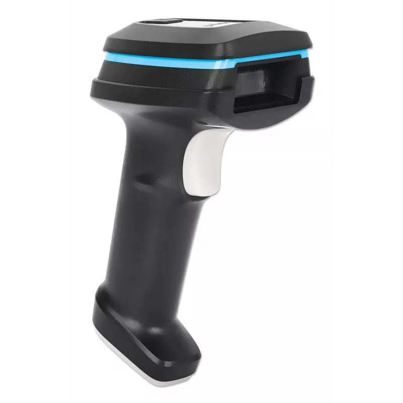 Manhattan Wireless 2D Handheld Barcode Scanner, 250mm Scan Depth, up to 80m effective range (line of sight), Max Ambient Light 100,000 lux (sunlight), Black, Charging cable (USB-A to USB-C into device) 1m included, Three Year Warranty