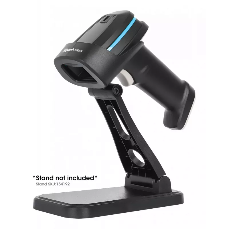 Manhattan Wireless 2D Handheld Barcode Scanner, 250mm Scan Depth, up to 80m effective range (line of sight), Max Ambient Light 100,000 lux (sunlight), Black, Charging cable (USB-A to USB-C into device) 1m included, Three Year Warranty
