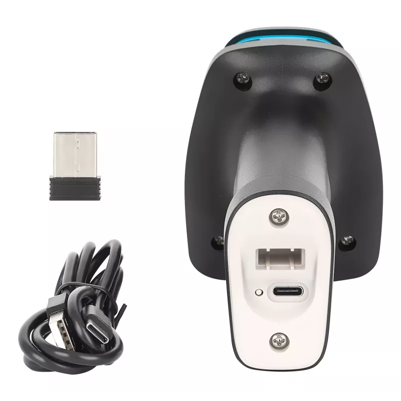 Manhattan Wireless 2D Handheld Barcode Scanner, 250mm Scan Depth, up to 80m effective range (line of sight), Max Ambient Light 100,000 lux (sunlight), Black, Charging cable (USB-A to USB-C into device) 1m included, Three Year Warranty