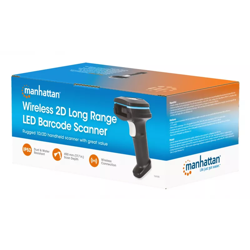 Manhattan Wireless 2D Handheld Barcode Scanner, 250mm Scan Depth, up to 80m effective range (line of sight), Max Ambient Light 100,000 lux (sunlight), Black, Charging cable (USB-A to USB-C into device) 1m included, Three Year Warranty