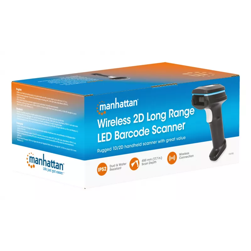 Manhattan Wireless 2D Handheld Barcode Scanner, 250mm Scan Depth, up to 80m effective range (line of sight), Max Ambient Light 100,000 lux (sunlight), Black, Charging cable (USB-A to USB-C into device) 1m included, Three Year Warranty