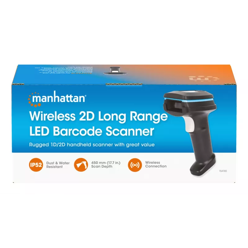 Manhattan Wireless 2D Handheld Barcode Scanner, 250mm Scan Depth, up to 80m effective range (line of sight), Max Ambient Light 100,000 lux (sunlight), Black, Charging cable (USB-A to USB-C into device) 1m included, Three Year Warranty