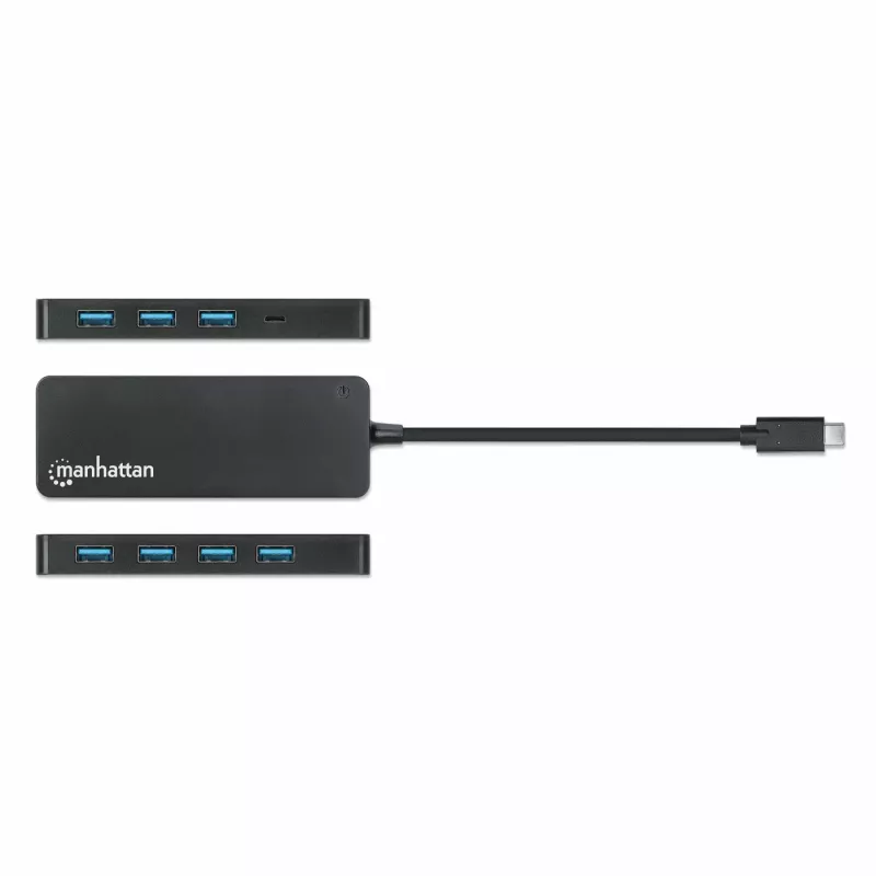 Manhattan USB-C Dock/Hub, Ports (x7): USB-A (x7), 5 Gbps (USB 3.2 Gen1 aka USB 3.0), External Power Supply Not Needed, Universal for all devices, Cable 15cm, SuperSpeed USB, Black, Three Year Warranty