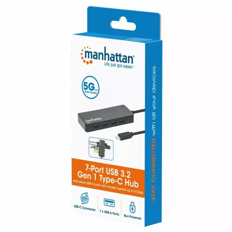 Manhattan USB-C Dock/Hub, Ports (x7): USB-A (x7), 5 Gbps (USB 3.2 Gen1 aka USB 3.0), External Power Supply Not Needed, Universal for all devices, Cable 15cm, SuperSpeed USB, Black, Three Year Warranty