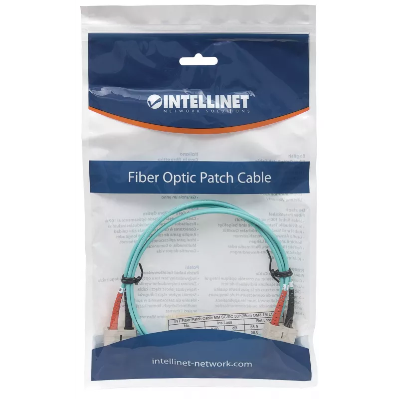 Intellinet Fiber Optic Patch Cable, OM3, SC/SC, 1m, Aqua, Duplex, Multimode, 50/125 µm, LSZH, Fibre, Lifetime Warranty