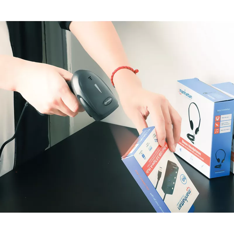 Manhattan Contact CCD Handheld Barcode Scanner, USB, 60mm Scan Width, Cable 152cm, Max Ambient Light 5,000 lux (sunlight), Black, Three Year Warranty