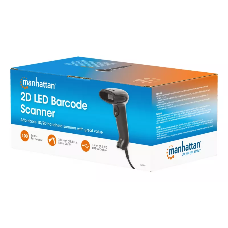 Manhattan Contact CCD Handheld Barcode Scanner, USB, 60mm Scan Width, Cable 152cm, Max Ambient Light 5,000 lux (sunlight), Black, Three Year Warranty